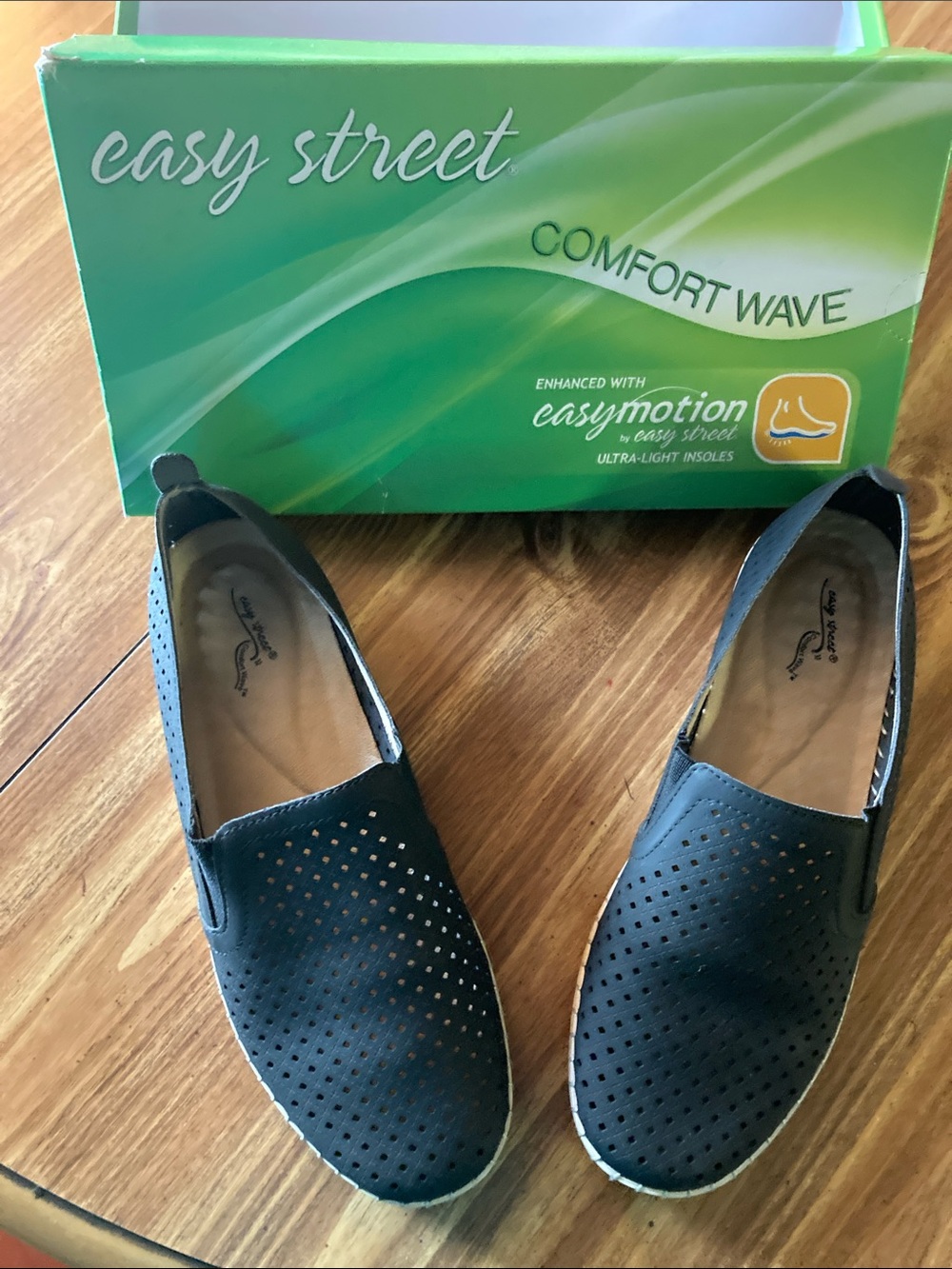 easy street navy perforated slip-on flats with cushioned insole
